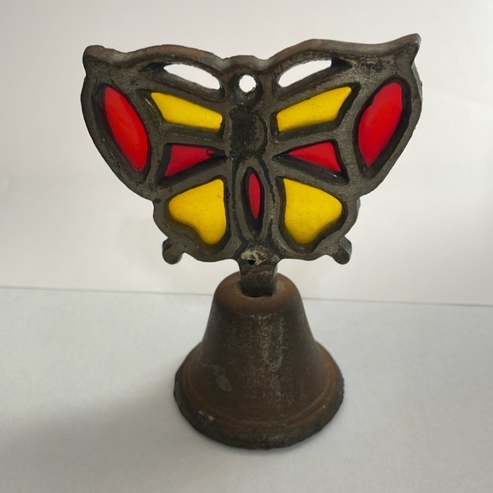 Vintage Metal Stained Glass Butterfly Ornate Hand Bell
